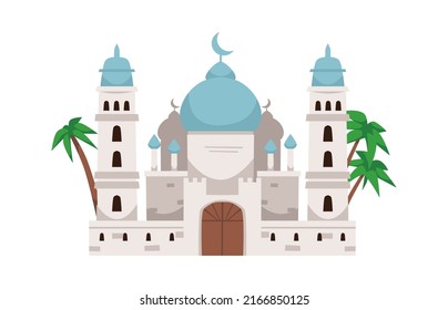 Arabisches Moschee-Gebäude mit eleganter Kuppel und Palmen, flache Vektorgrafik einzeln auf weißem Hintergrund. Islamischer religiöser Tempel zum Beten. Traditionelles Element der muslimischen Kultur.