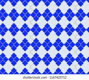 Arabian Mosque Vector Seamless Pattern. Argyle rhombus muslim fabric background. Traditional ramadan pattern with gold grid. Stylish islamic argyle seamless design of lantern lattice shape tiles.