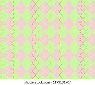 Arabian Mosque Vector Seamless Pattern. Argyle rhombus muslim textile background. Traditional mosque pattern with gold grid. Chic islamic argyle seamless design of lantern lattice shape tiles.