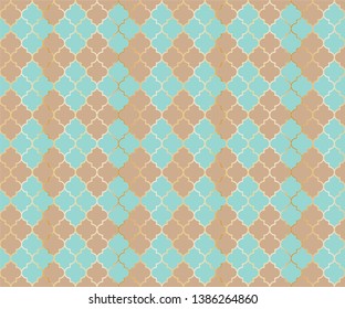 Arabian Mosque Vector Seamless Pattern. Argyle rhombus muslim fabric background. Traditional mosque pattern with gold grid. Chic islamic argyle seamless design of lantern lattice shape tiles.