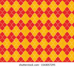 Arabian Mosque Vector Seamless Pattern. Argyle rhombus muslim textile background. Traditional ramadan pattern with gold grid. Stylish islamic argyle seamless design of lantern lattice shape tiles.