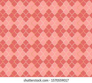 Arabian Mosque Vector Seamless Pattern. Argyle rhombus muslim textile background. Traditional ramadan pattern with gold grid. Rich islamic argyle seamless design of lantern lattice shape tiles.