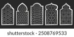 Arabian mosque window, arabic door with arabesque ornament shapes. Old islamic frames, arches with metal geometric motif pattern. Muslim palace architecture borders, gates with mashrabiya silver panel