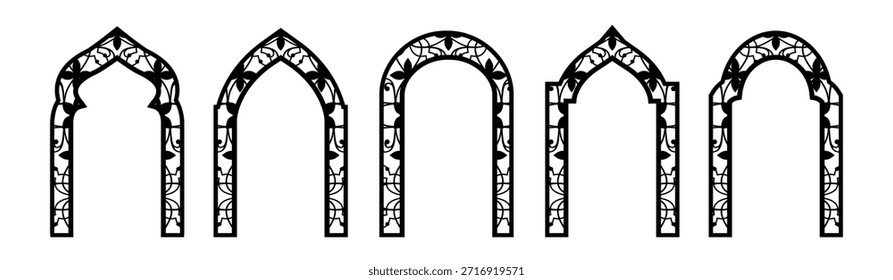 
Ventana de la mezquita árabe, puerta árabe con adorno arabesco. Marcos islámicos antiguos, arcos con motivos geométricos. Fronteras de arquitectura de palacio musulmán, puertas con panel de mashrabiya. Ramadán, Al-Adha