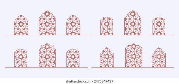 Arabian mosque window, arch, gate. Decorative lace ornamental arc, door. Line vector frame pattern.