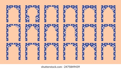 Arabian mosque window, arch, gate. Decorative mediterranian tile ornamental arc, door.Line vector pattern.
