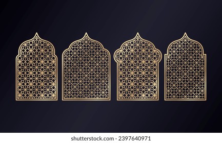 Arabian mosque window and gate patterns, golden arch arabesque ornament shapes. Old arabic door or window frames with gold geometric motif. Palace architecture elements. - Vector.