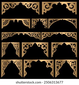 Arabian mosque window and gate patterns, golden arch arabesque ornament shapes. Laser and cnc Router cutting, geometric motif. Mashrabiya, islamic mosque or palace architecture elements.