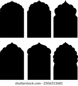 Arabian mosque window and gate patterns, golden arch arabesque ornament shapes. Laser and cnc Router cutting, geometric motif. Mashrabiya, islamic mosque or palace architecture elements.