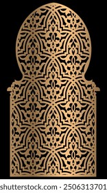 Arabian mosque window and gate patterns, golden arch arabesque ornament shapes. Laser and cnc Router cutting, geometric motif. Mashrabiya, islamic mosque or palace architecture elements.