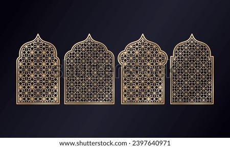 Arabian mosque window and gate patterns, golden arch arabesque ornament shapes. Old arabic door or window frames with gold geometric motif. Palace architecture elements. - Vector. Stock photo © 