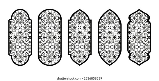 Ventana de la mezquita árabe, Formas de adorno arabesco de arco monocromo. Marcos de ventana árabes antiguos con motivos geométricos. Elementos de arquitectura de palacio, marcos de ramadán. Vector.