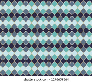Arabian Mosque Window Vector Seamless Pattern. Ramadan mubarak muslim background. Traditional ramadan mosque pattern with gold grid mosaic. Stylish islamic window grid design of lantern shape tiles.