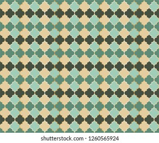 Arabian Mosque Window Vector Seamless Pattern. Ramadan mubarak muslim background. Traditional ramadan mosque pattern with gold grid. Cool islamic window grid design of lantern shapes tiles.