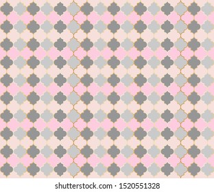 Arabian Mosque Window Vector Seamless Pattern. Ramadan mubarak muslim background. Traditional ramadan mosque pattern in gold grid borders. Stylish islamic window grid design of lantern shape tiles.