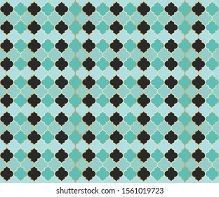 Arabian Mosque Window Vector Seamless Pattern. Ramadan mubarak muslim background. Traditional ramadan mosque pattern in gold grid borders. Chic islamic window grid design of lantern shapes tiles.