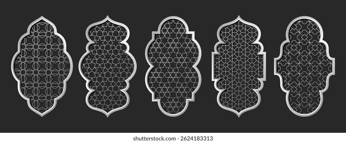 Arabian mosque windows, arabic door with arabesque ornament shape. Old islamic frames, arches with metal geometric motif pattern. Gates with mashrabiya silver panel. Muslim palace architecture borders
