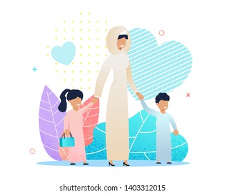 Arabian Mother in Traditional Clothes Walking with Diverse Kids. Islamic Woman Holding Son and Daughters Hand. Happy Motherhood. Family Time Vector Cartoon Illustration with Plant Leaves Design