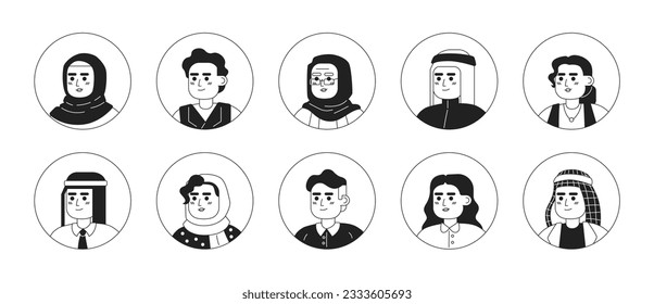 Arabian multicultural people monochrome flat linear character heads set. Muslim people. Editable outline people icons. Line users faces. 2D cartoon spot vector avatar illustration pack for animation