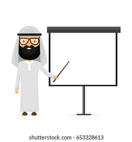 Arabian muslim businessman. Vector flat cartoon character modern style illustration icon drawing, Making presentation on a white board. Arab presentation concept. place for text