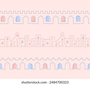 Arabian muslim city wall with oriental patterned top. Flat line ornamental seamless border with windows, arches, gates.