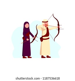 Arabian Muslim Man And Woman Sport Activity Archery Vector Cartoon Illustration