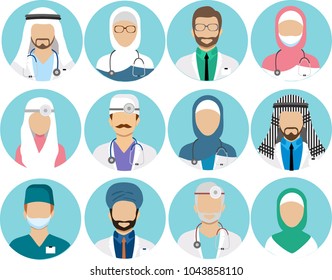 Arabian muslim medical staff avatars. Doctor and physician, surgeon and nurse, dentist and pharmacist vector icons