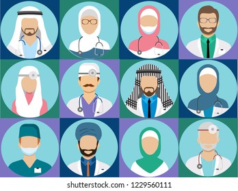 Arabian muslim medical staff avatars. Doctor and physician, surgeon and nurse, dentist and pharmacist vector icons