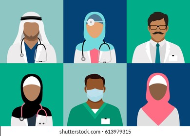 Arabian Muslim Medical Staff Avatars. Doctor And Physician, Surgeon And Nurse, Dentist And Pharmacist Vector Icons