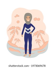 Arabian Muslim Woman In Burqini Swimsuit. Vector Illustration