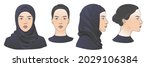 Arabian Muslim woman wearing hijab, niqab, chador, burqa dress and Abaya. Two dimension angles of Middle Eastern face portrait. Different view front, profile side view of a girl face in scarf. Vector 