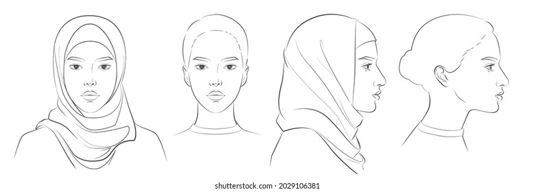 Mujer árabe musulmana con hiyab, nicab, chador, vestido burqa y Abaya. Dos ángulos de dimensión del retrato facial de Medio Oriente. Frente de vista diferente, vista lateral de perfil de una cara de niña con bufanda. Vector 