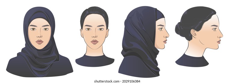 Arabian Muslim woman wearing hijab, niqab, chador, burqa dress and Abaya. Two dimension angles of Middle Eastern face portrait. Different view front, profile side view of a girl face in scarf. Vector 