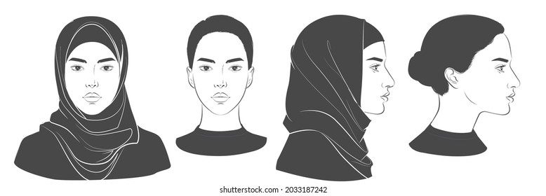 Arabian Muslim woman wearing hijab, niqab, chador, burqa dress and Abaya. Two dimension angles of Middle Eastern face portrait. Different view front, profile side view of a girl face in scarf. Vector 