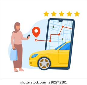 Arabian muslim women online taxi service application vector illustration