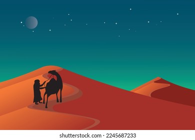 Noche árabe en la ilustración del desierto, con siluetas de pastores de camellos y estrellas y luna en el cielo. Concepto minimalista de fondo de caricatura y fondo de pantalla