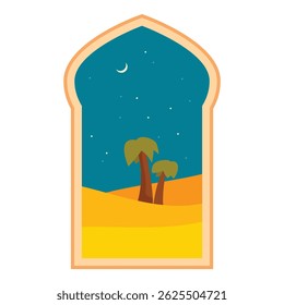 Arabian night desert landscape with palm trees, sand dunes, a starry sky and a crescent moon, all showing through a mosque window