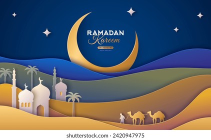 Noche árabe en el desierto. Ilustración vectorial. Colocar el texto. Paisaje Ramadan Kareem, caravana de camellos, mezquita y palmas en oasis, papel cortado estilo 3d. Afiche de pancartas moderno creativo en Ramadán