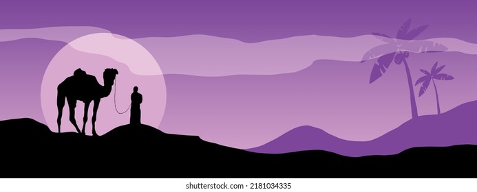 arabian nihgt banner with camel, vector background, digital landscape