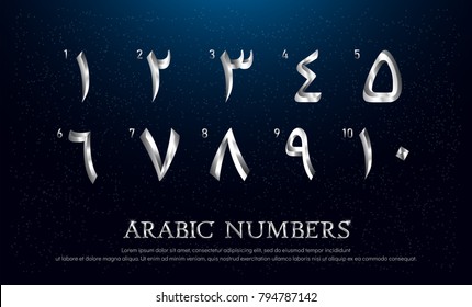 Arabian Number Font Set of Elegant Silver Colored Metal Chrome Numbers. 1, 2, 3, 4, 5, 6, 7, 8, 9, 10 vector illustrator.