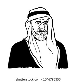 Arabian Old Man with Scarf. Beard. Sheikh Ahmed Bin Rashid Al Mualla, Emir of Umm Al Quwain and Founder of United Arab Emirates. Hand drawn illustration. Vector Eps 08.