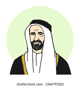 Arabian Old Man with Scarf. Beard. Sheikh Rashid bin Saeed Al Maktoum, Emir of Dubai and Founder of United Arab Emirates. Hand drawn illustration. Vector Eps 08.