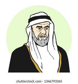 Arabian Old Man with Scarf. Beard. Sheikh Ahmed Bin Rashid Al Mualla, Emir of Umm Al Quwain and Founder of United Arab Emirates. Hand drawn illustration. Vector Eps 08.