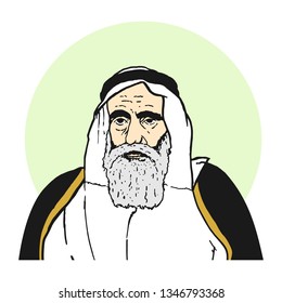 Arabian Old Man with Scarf. Beard. Hand drawn illustration. Sheikh Rashid bin Humaid Al Nuaimi. Emir of Ajman and Founder of United Arab Emirates. Vector Eps 08.