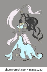 Arabian oriental belly dance, vector dancing beautiful woman, tribal dance, line art