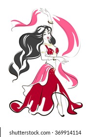 Arabian oriental belly dance, vector dancing beautiful woman, tribal dance, line art, red