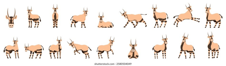  Arabian oryx icons set. Collection of oryx gazella in various positions, creating a comprehensive visual representation of this majestic animal