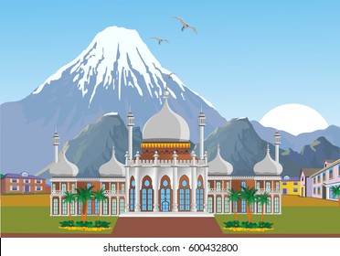 Arabian Palace with mountains in the background. Mountain range. Landscape-sunrise over the mountain range. Vector illustration