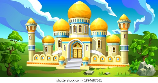Arabian palace with white walls, towers and golden domes, tents. Vector illustration. 