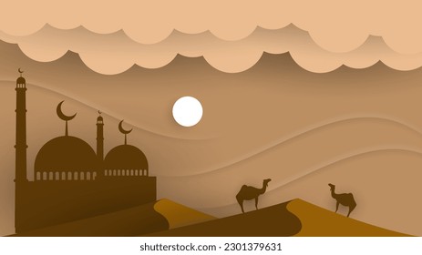 arabian papercut vector illustration with mosque, camel, desert, cloud and moon in pastel color